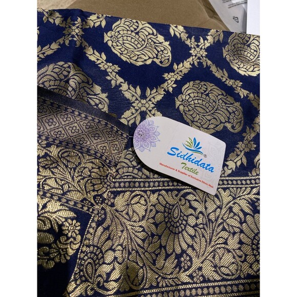 Women's Kanjivaram Pure Banarsi Silk Saree With Blouse Piece Golden Zari NWT - Picture 10 of 12